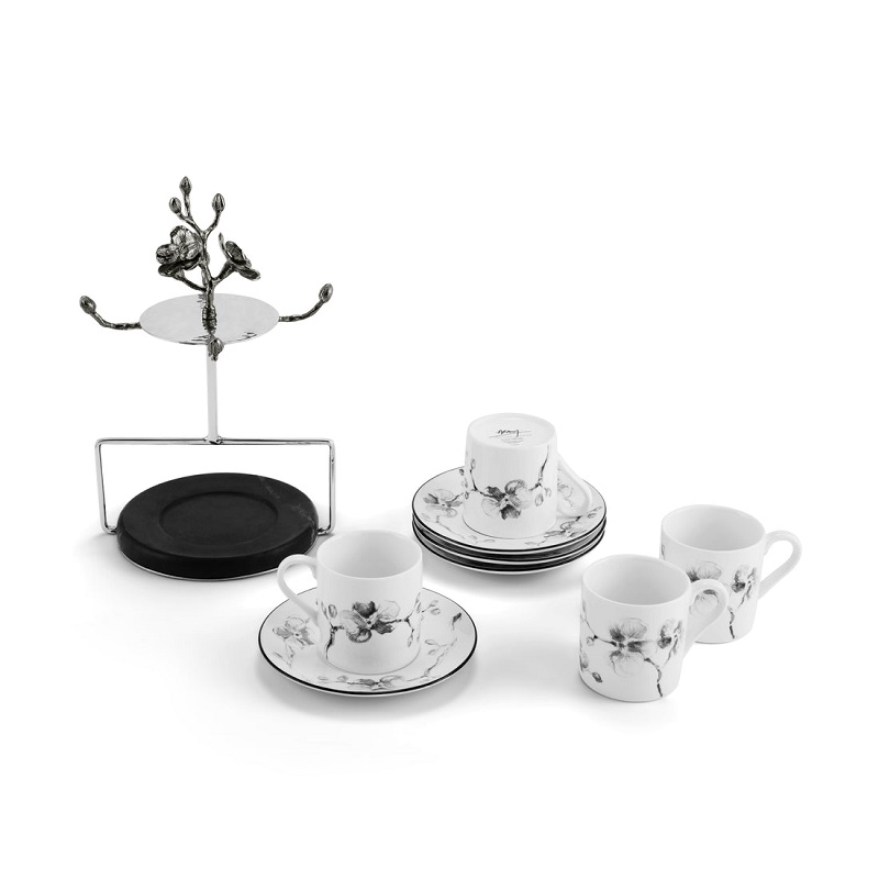 комплект чаши и чинийки със стойка michael aram black orchid demitasse set