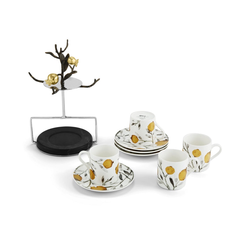 комплект чаши и чинийки със стойка michael aram pomegranate demitasse set