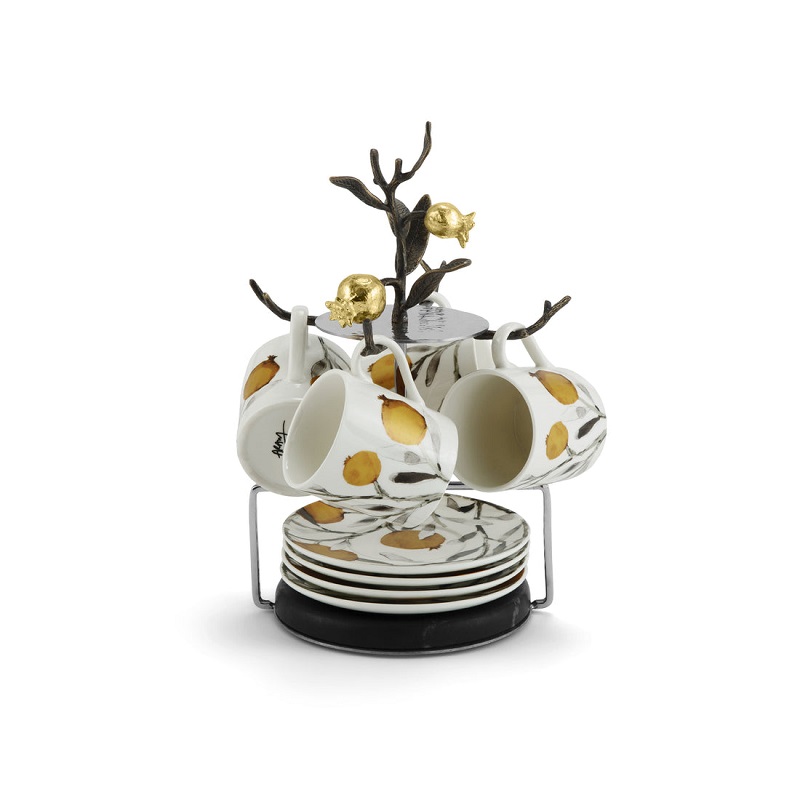 комплект чаши и чинийки със стойка michael aram pomegranate demitasse set